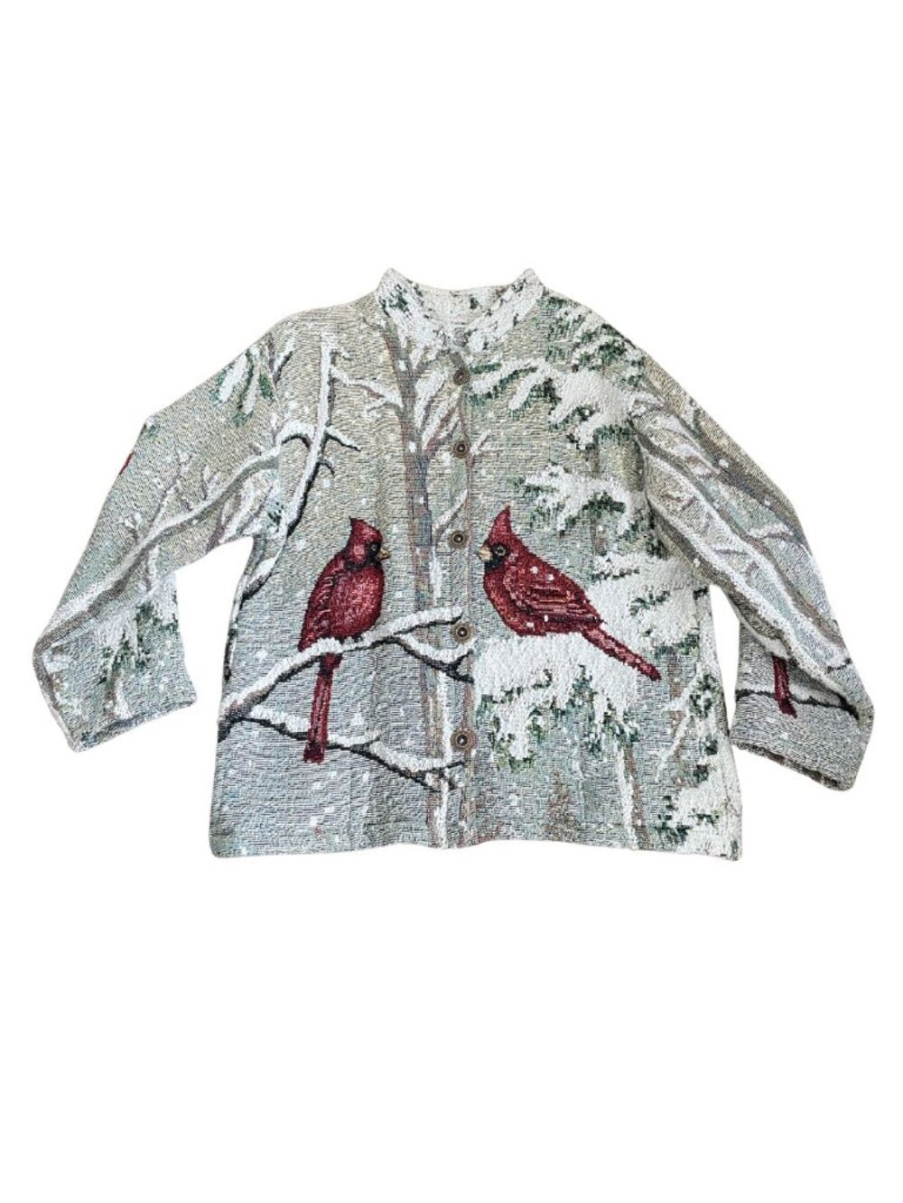 Vintage Sugar Street Weavers Tapestry Cardigan Jacket Sz XL Bird Snow Holiday